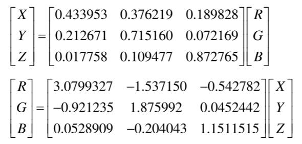 RGB顏色空間和CIEXYZ顏色空間相互轉(zhuǎn)換式